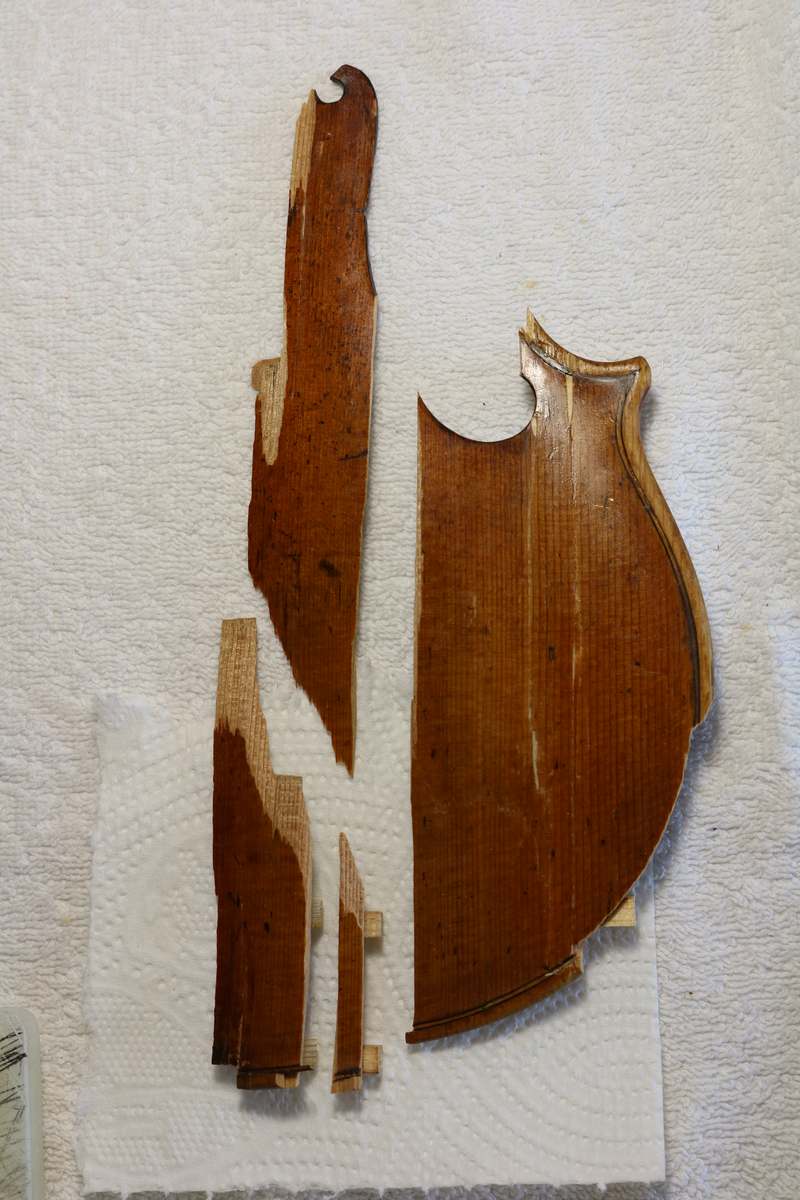 Fragments of a broken violin laid out before reassembly